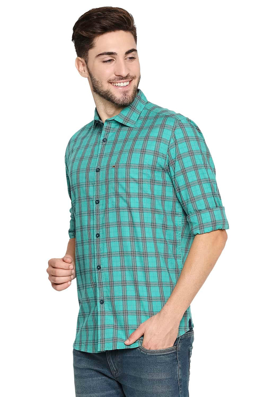 BASICS SLIM FIT TEAL GREEN TWILL CHECKS SHIRT