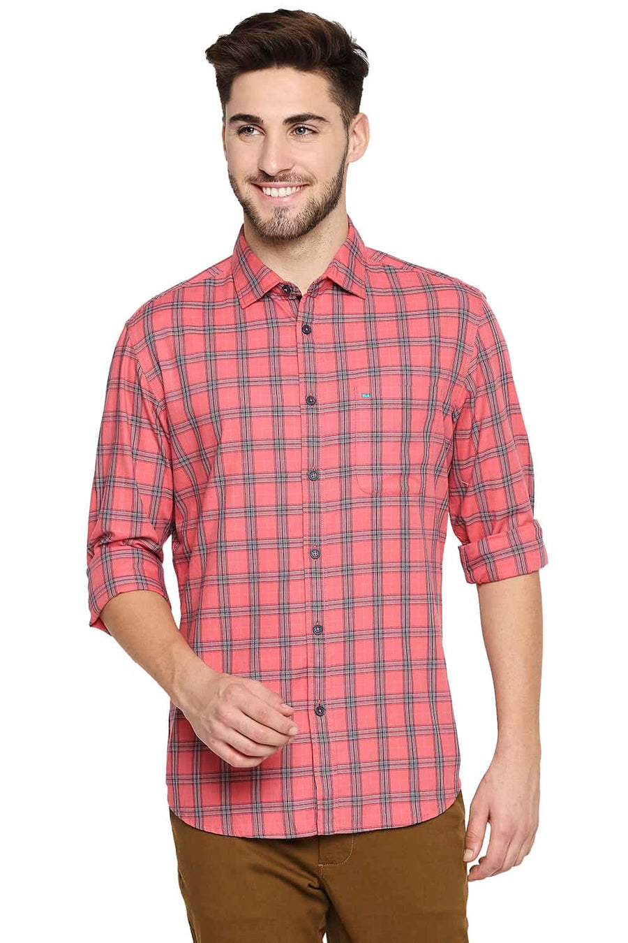BASICS SLIM FIT GEORGIA PINK TWILL CHECKS SHIRT