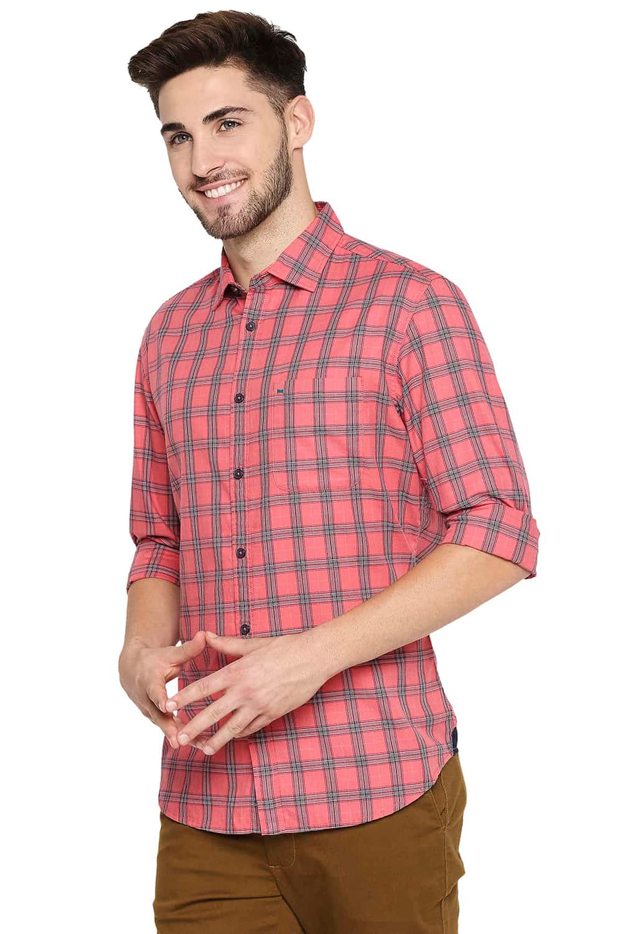 BASICS SLIM FIT GEORGIA PINK TWILL CHECKS SHIRT