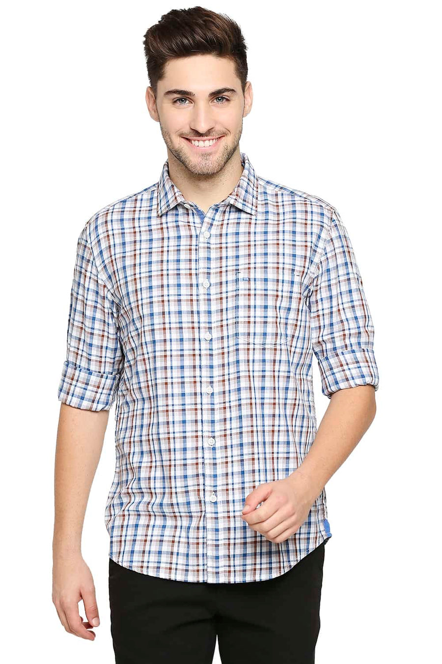 BASICS SLIM FIT MYKONOS BLUE TWILL CHECKS SHIRT