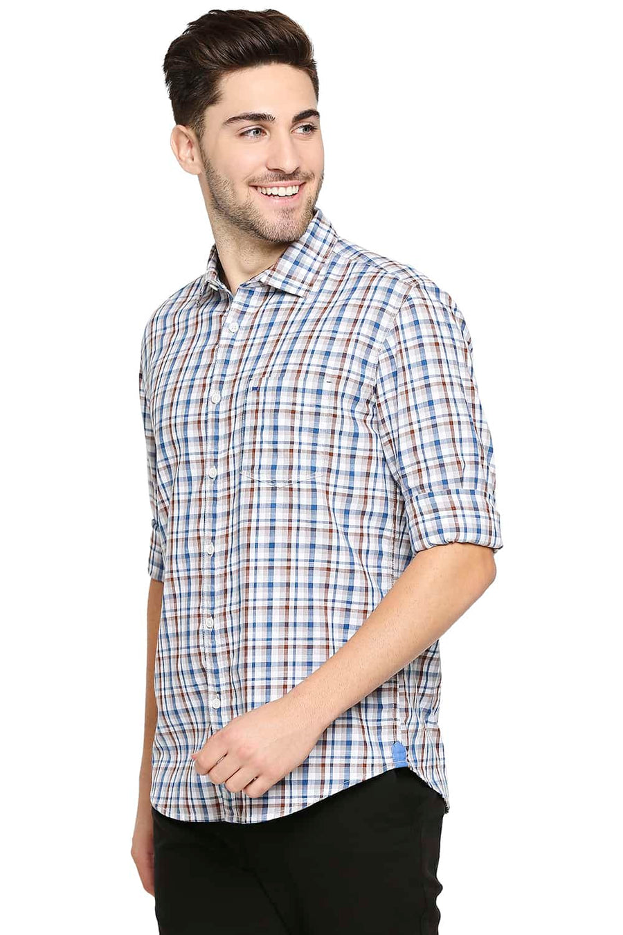 BASICS SLIM FIT MYKONOS BLUE TWILL CHECKS SHIRT