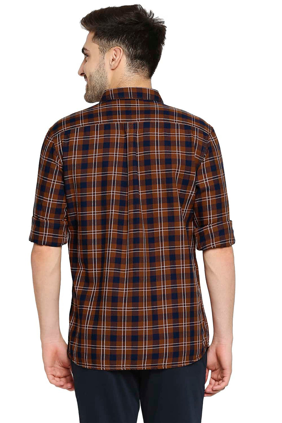 BASICS SLIM FIT UMBER ORANGE TWILL CHECKS SHIRT