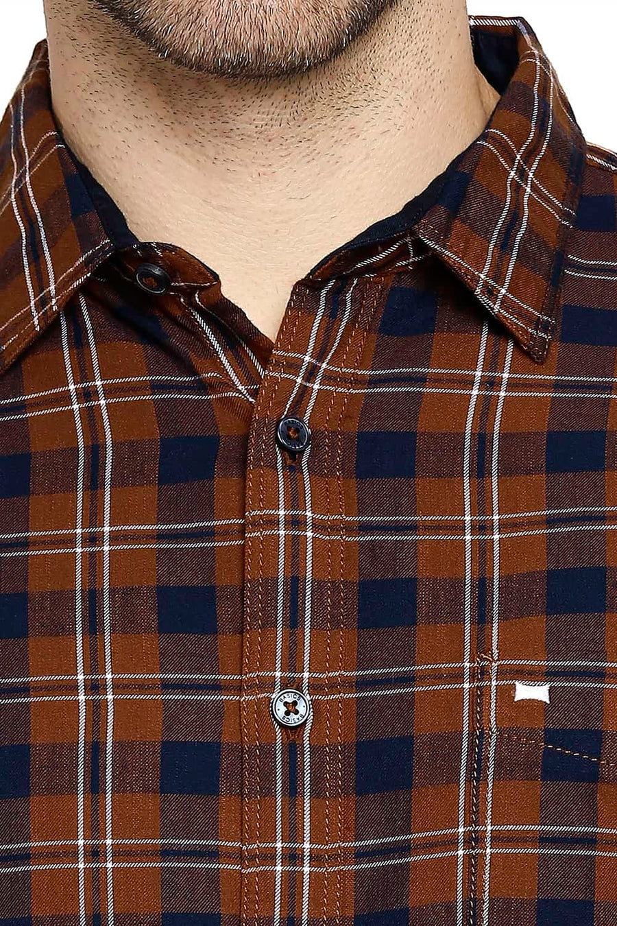 BASICS SLIM FIT UMBER ORANGE TWILL CHECKS SHIRT