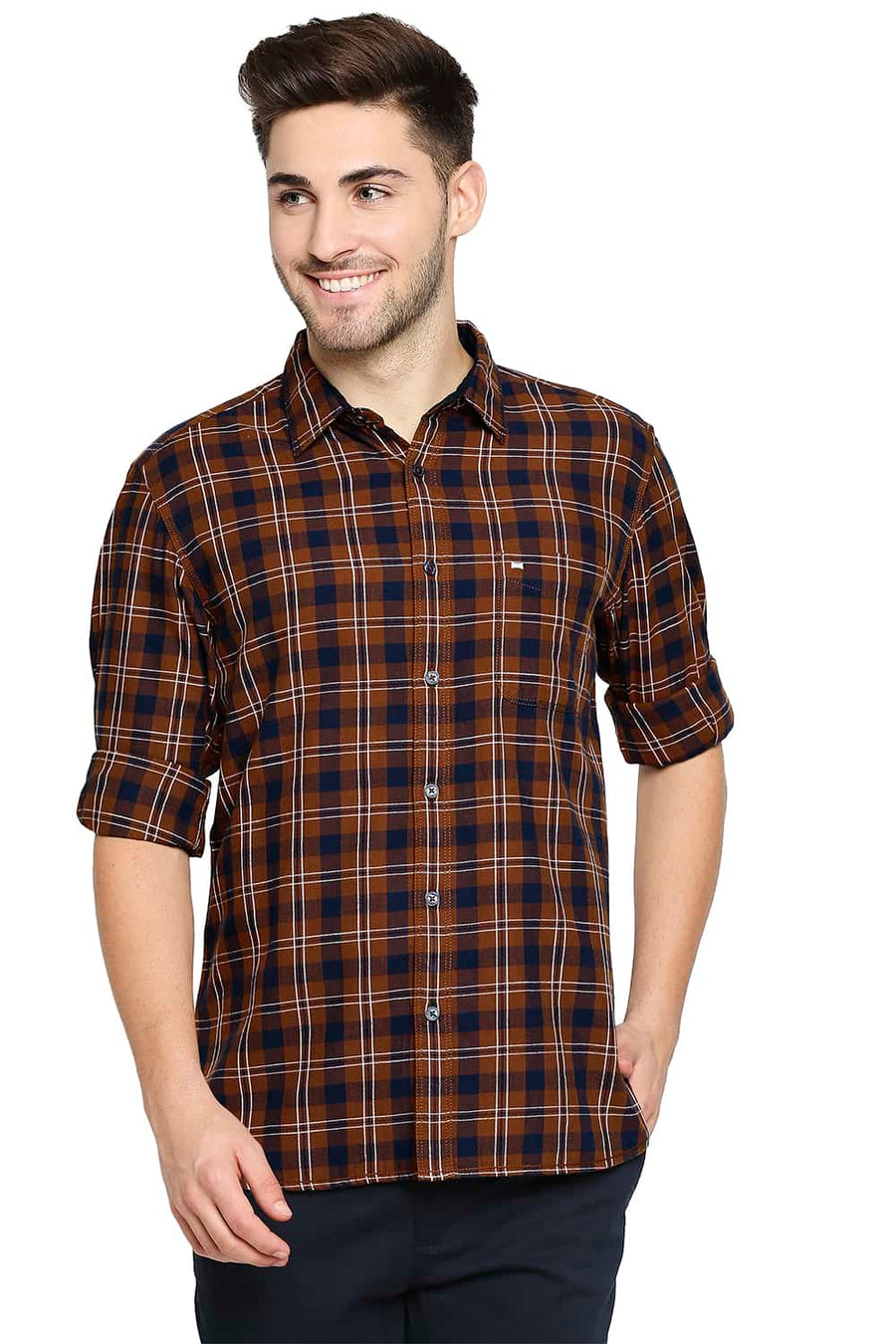 BASICS SLIM FIT UMBER ORANGE TWILL CHECKS SHIRT