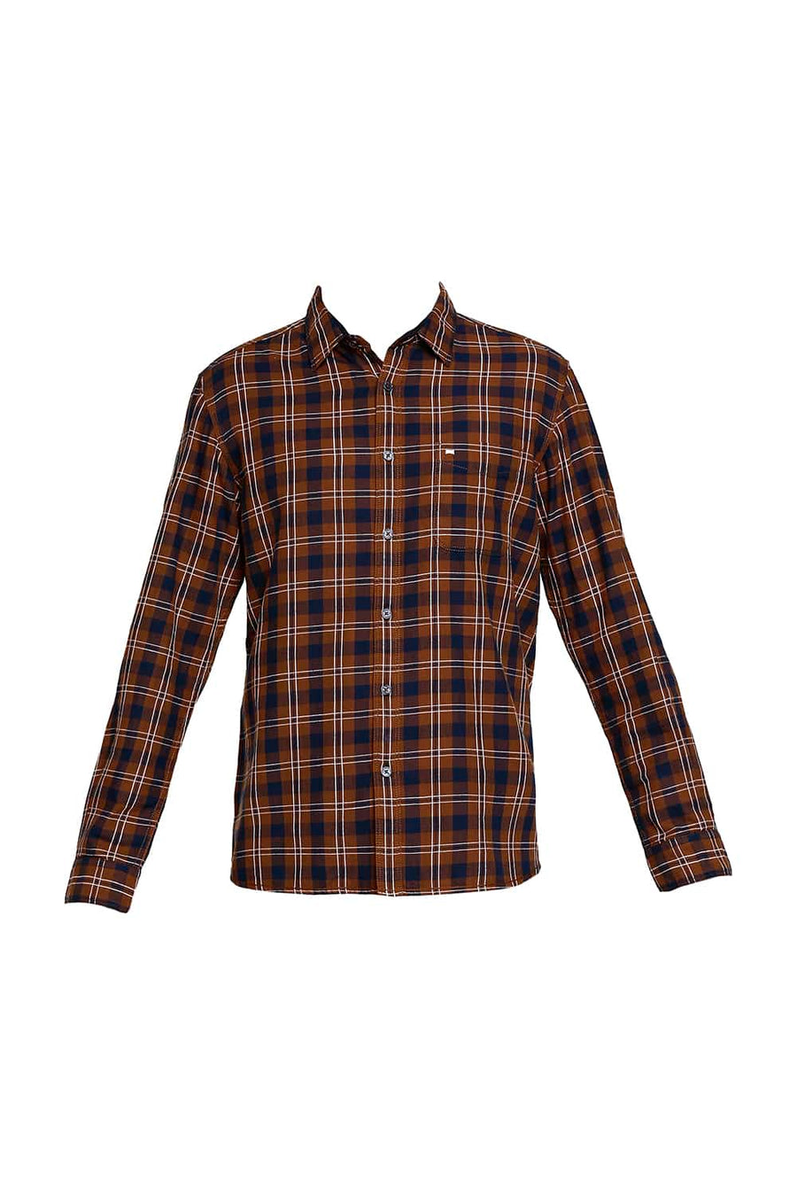 BASICS SLIM FIT UMBER ORANGE TWILL CHECKS SHIRT