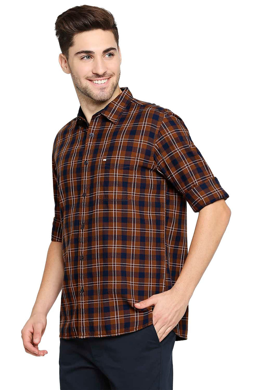 BASICS SLIM FIT UMBER ORANGE TWILL CHECKS SHIRT