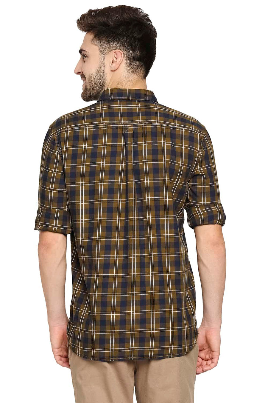 BASICS SLIM FIT TAPENADE KHAKI TWILL CHECKS SHIRT