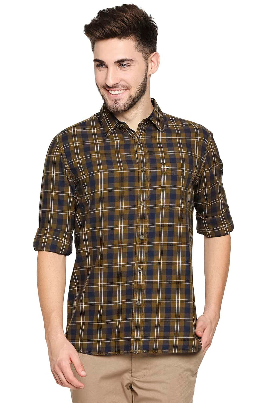 BASICS SLIM FIT TAPENADE KHAKI TWILL CHECKS SHIRT