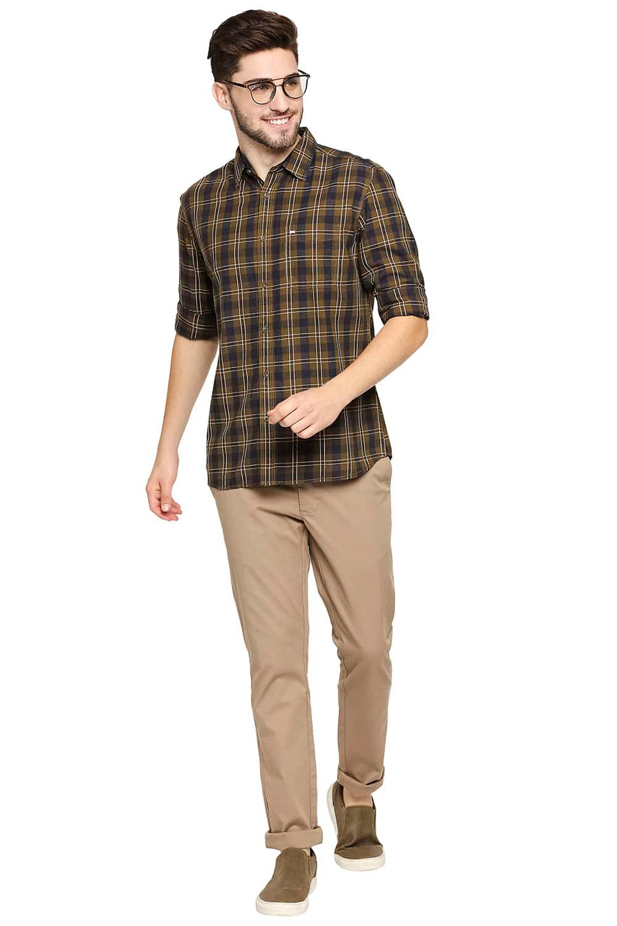 BASICS SLIM FIT TAPENADE KHAKI TWILL CHECKS SHIRT