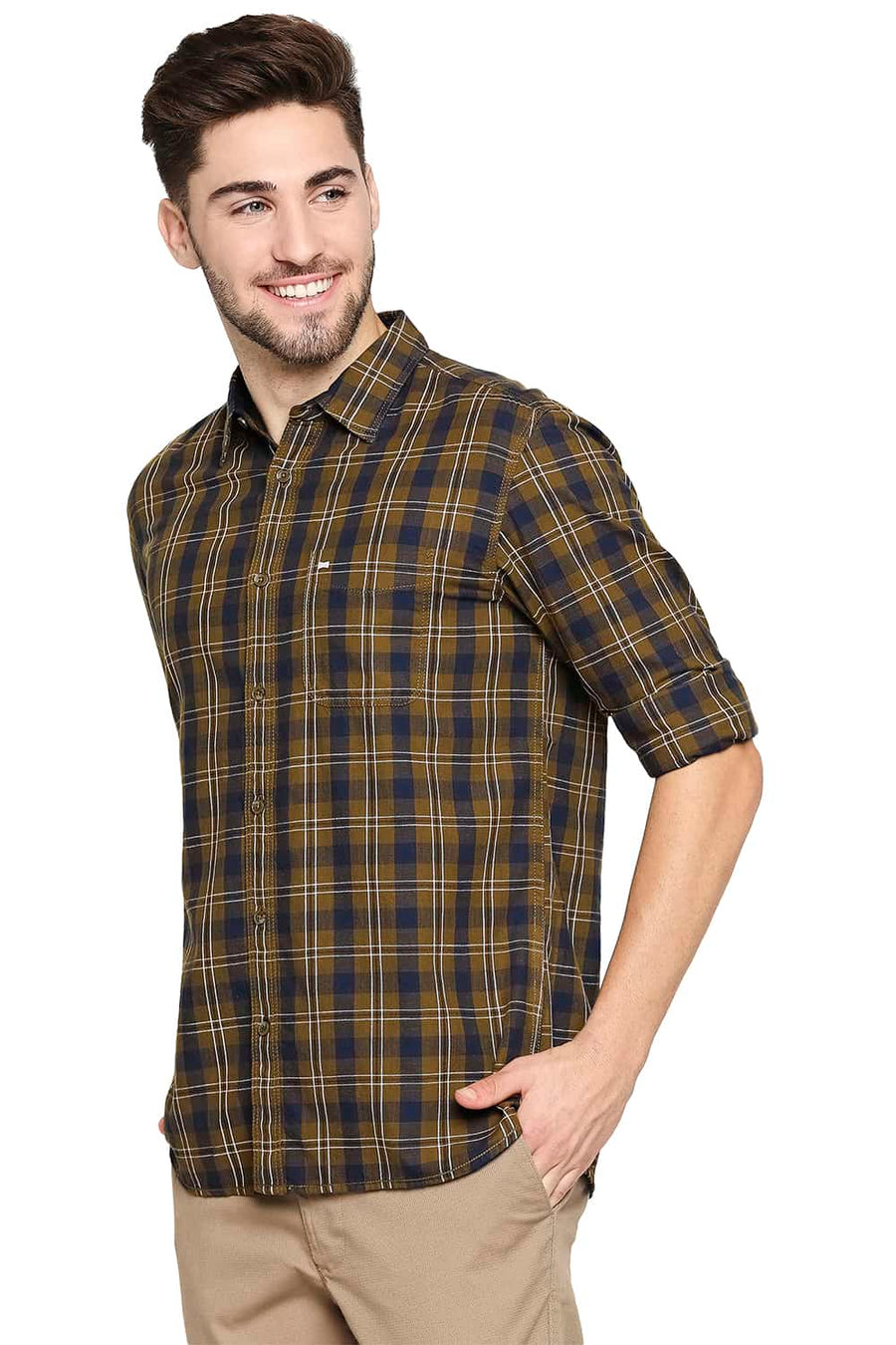 BASICS SLIM FIT TAPENADE KHAKI TWILL CHECKS SHIRT