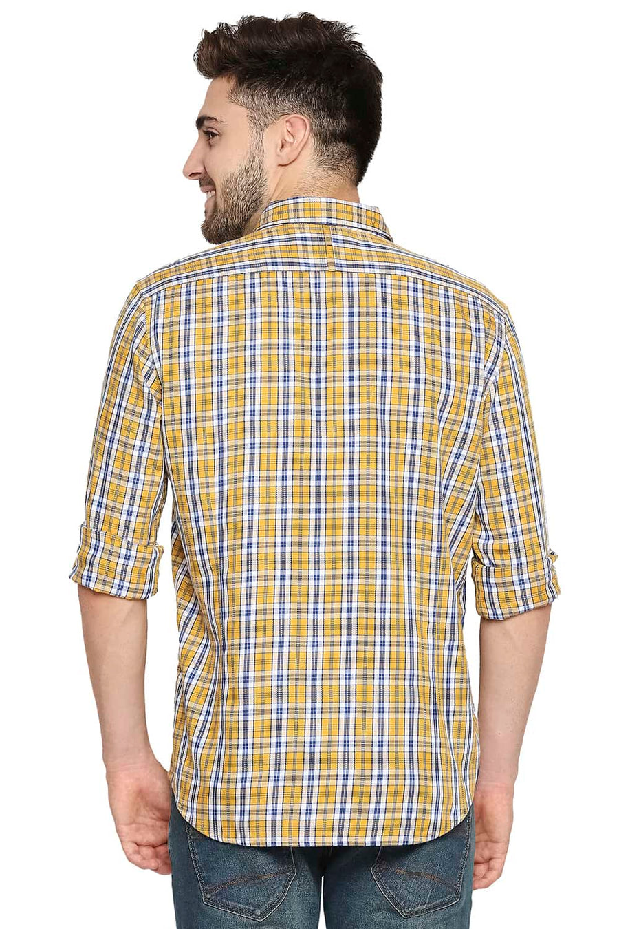 BASICS SLIM FIT AUTUMN YELLOW DOBBY CHECKS SHIRT