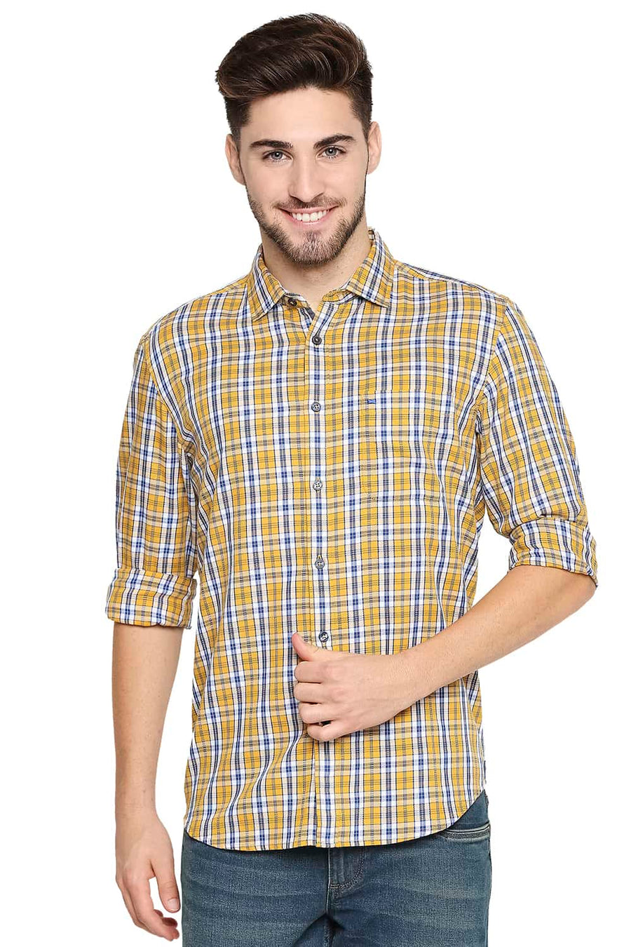 BASICS SLIM FIT AUTUMN YELLOW DOBBY CHECKS SHIRT