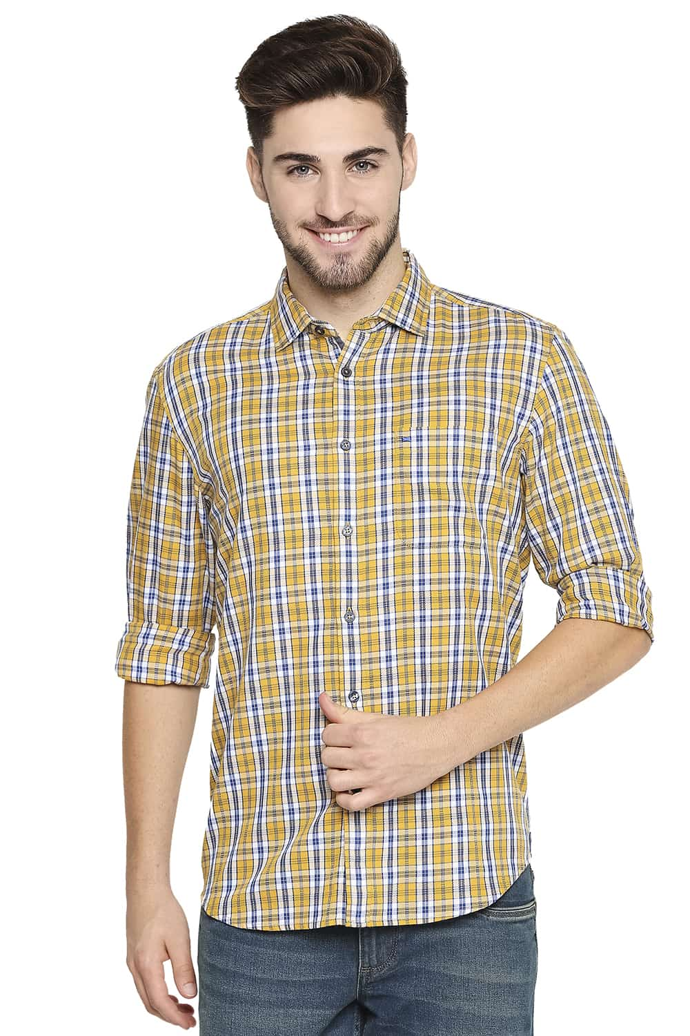 BASICS SLIM FIT DOBBY CHECKS SHIRT