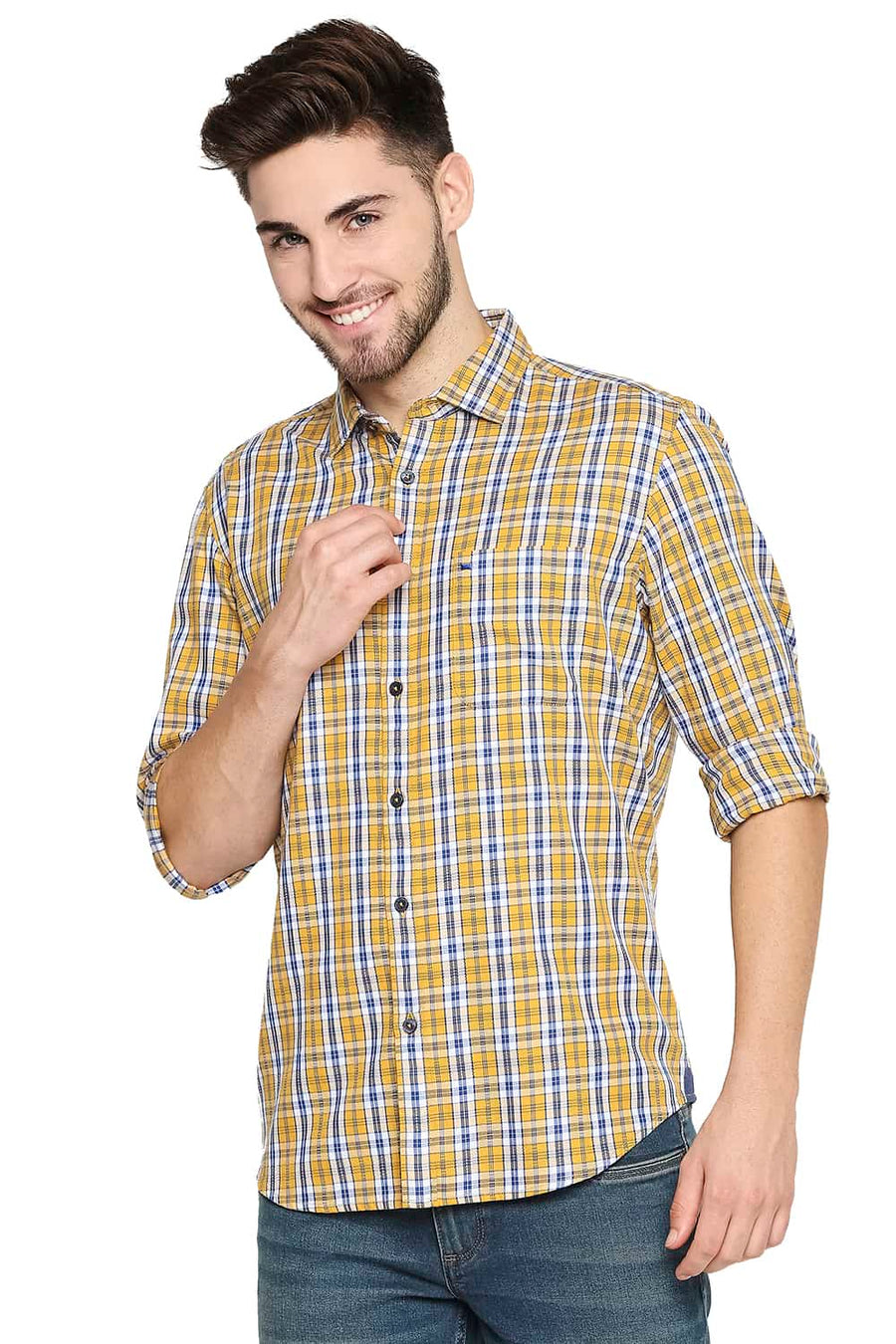 BASICS SLIM FIT AUTUMN YELLOW DOBBY CHECKS SHIRT