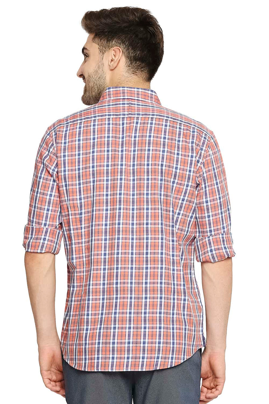 BASICS SLIM FIT FLAMINGO ORANGE DOBBY CHECKS SHIRT