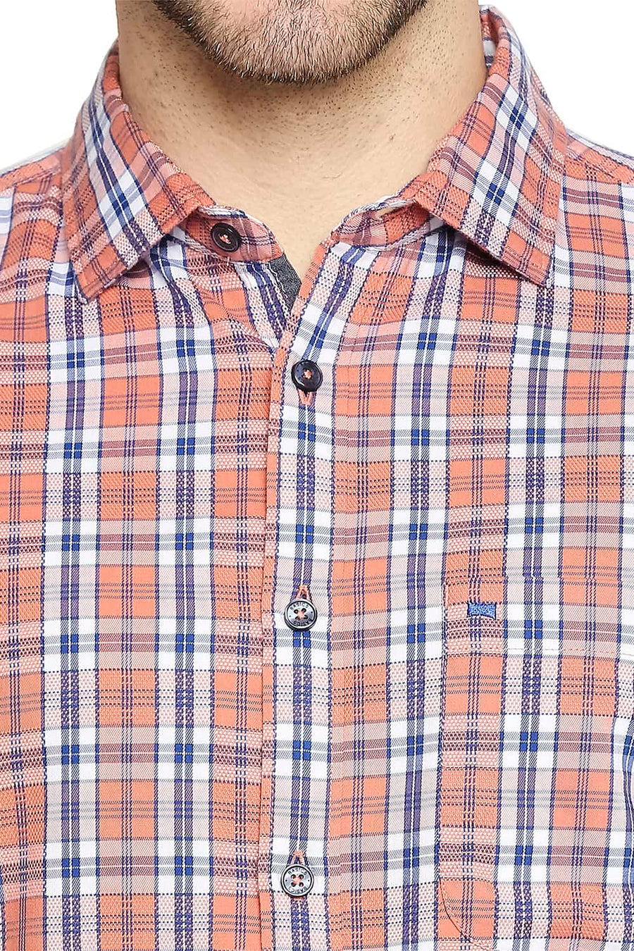 BASICS SLIM FIT FLAMINGO ORANGE DOBBY CHECKS SHIRT