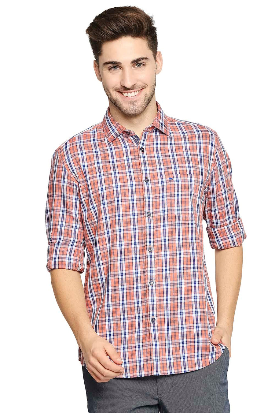 BASICS SLIM FIT FLAMINGO ORANGE DOBBY CHECKS SHIRT