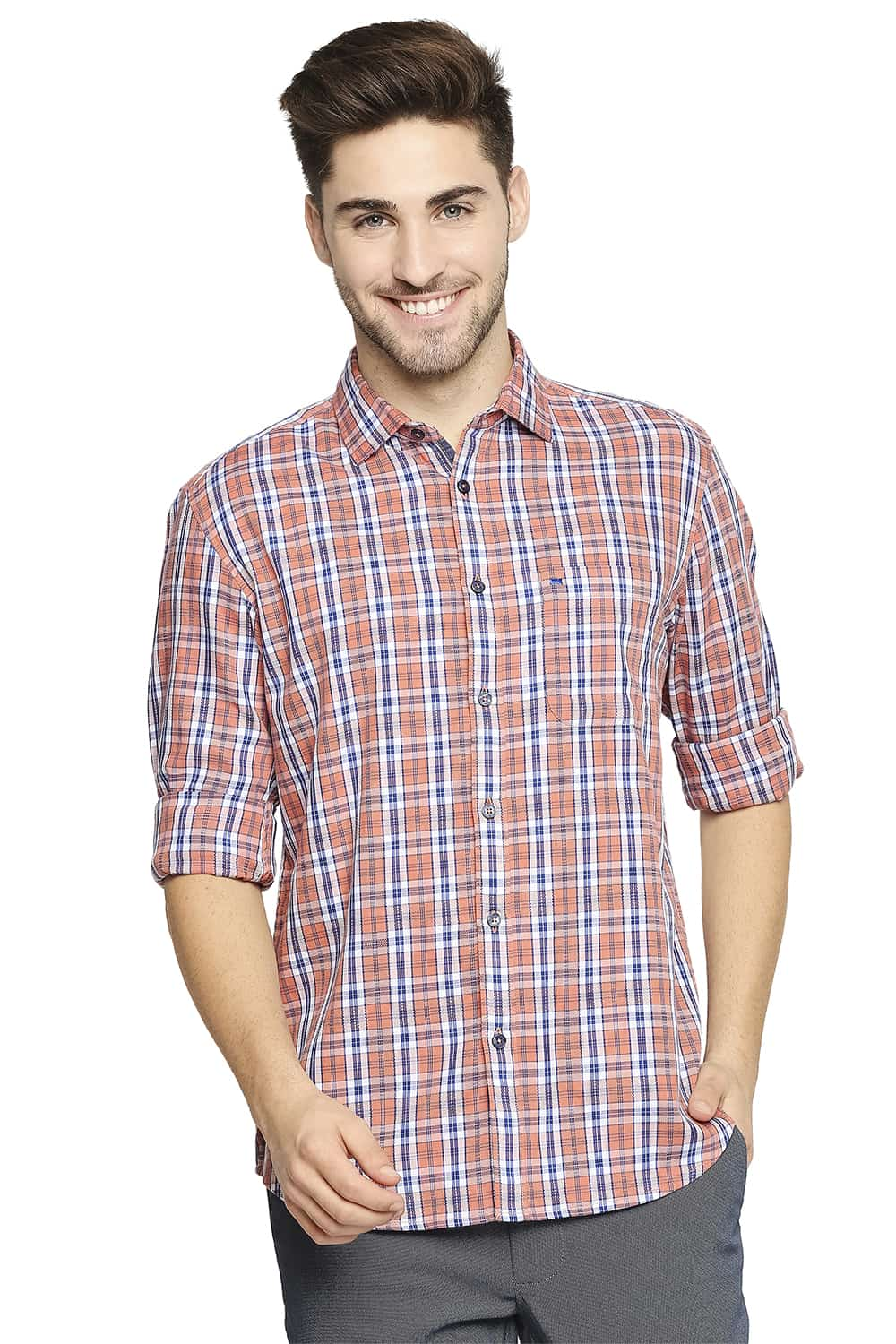 BASICS SLIM FIT DOBBY CHECKS SHIRT