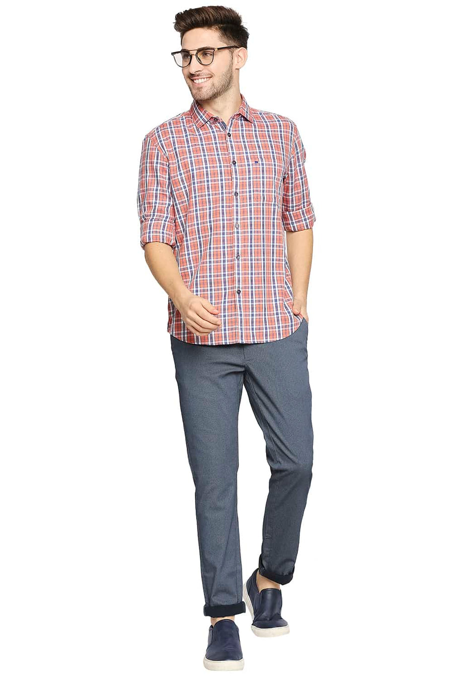BASICS SLIM FIT FLAMINGO ORANGE DOBBY CHECKS SHIRT