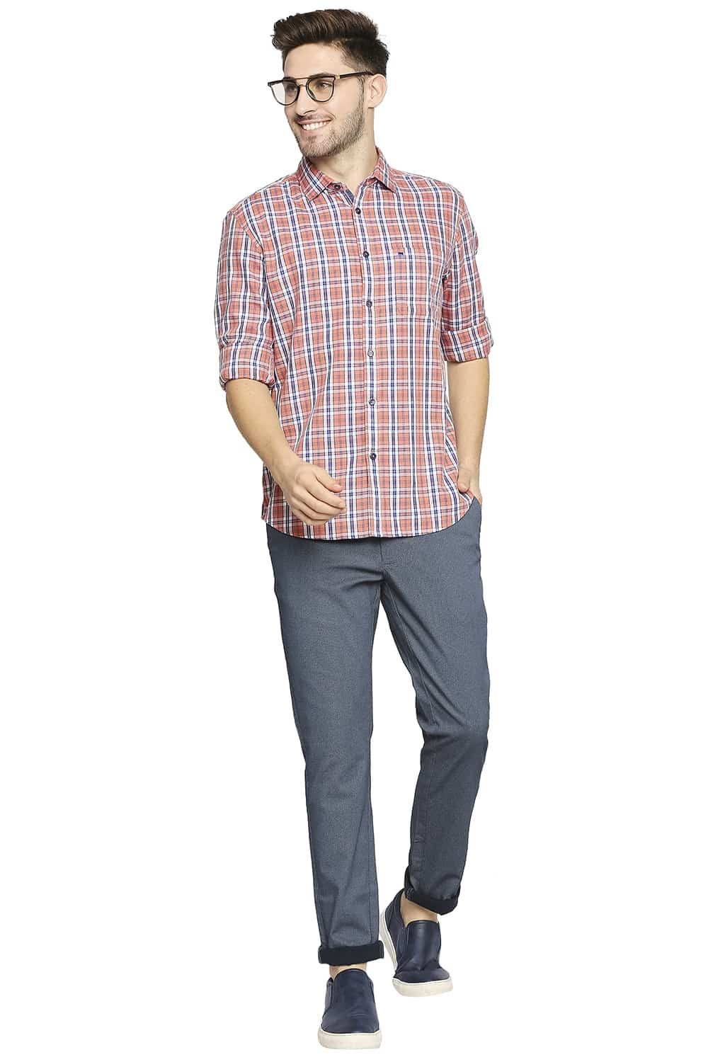 BASICS SLIM FIT DOBBY CHECKS SHIRT