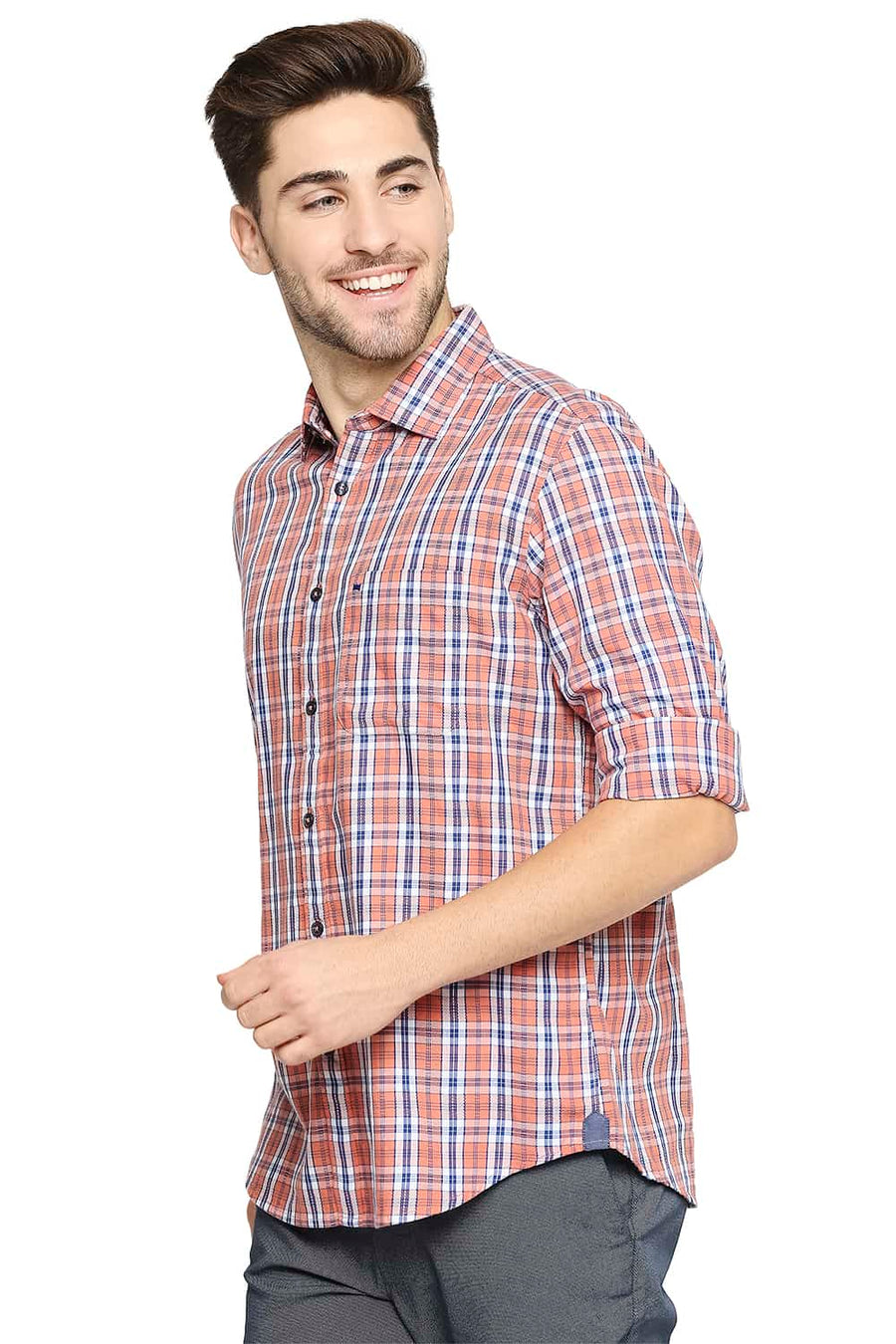 BASICS SLIM FIT FLAMINGO ORANGE DOBBY CHECKS SHIRT