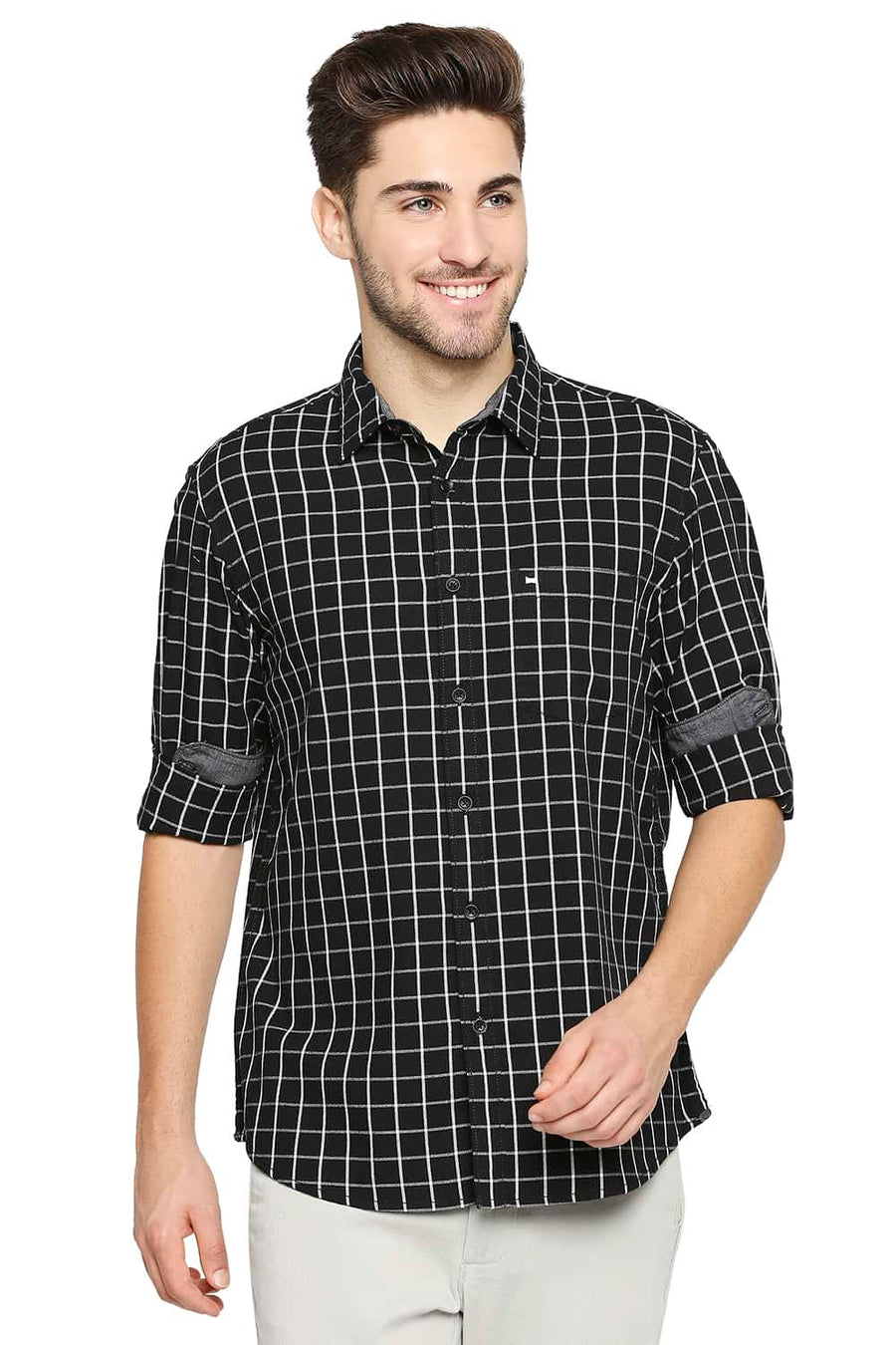 BASICS SLIM FIT PIRATE BLACK CHECKS SHIRT