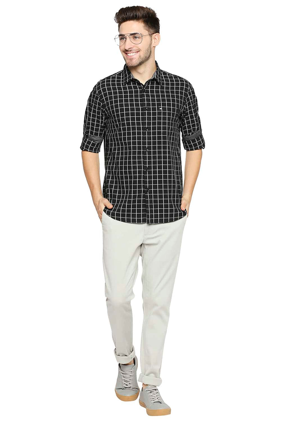 BASICS SLIM FIT PIRATE BLACK CHECKS SHIRT