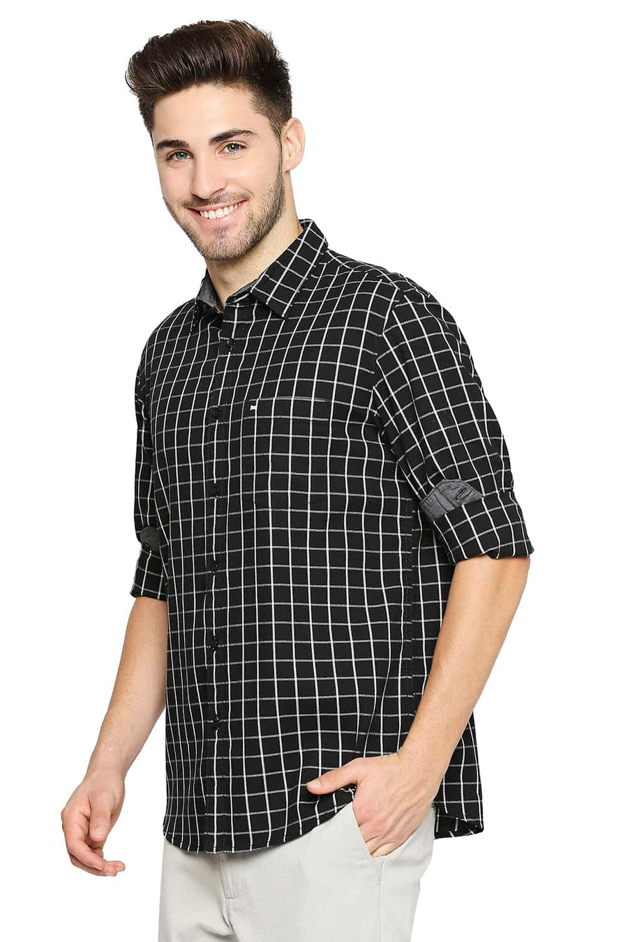 BASICS SLIM FIT PIRATE BLACK CHECKS SHIRT