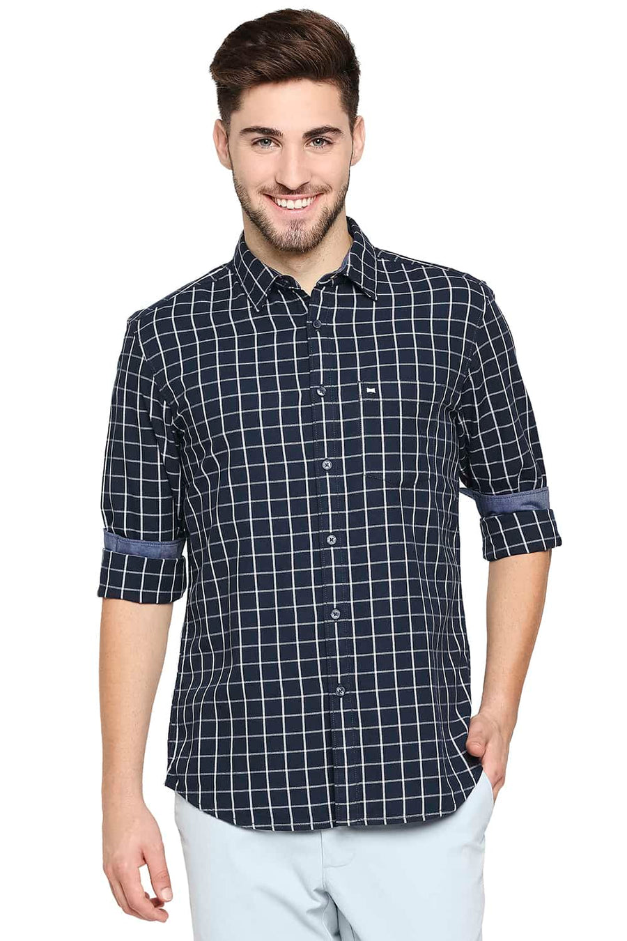 BASICS SLIM FIT MIDNIGHT NAVY CHECKS SHIRT
