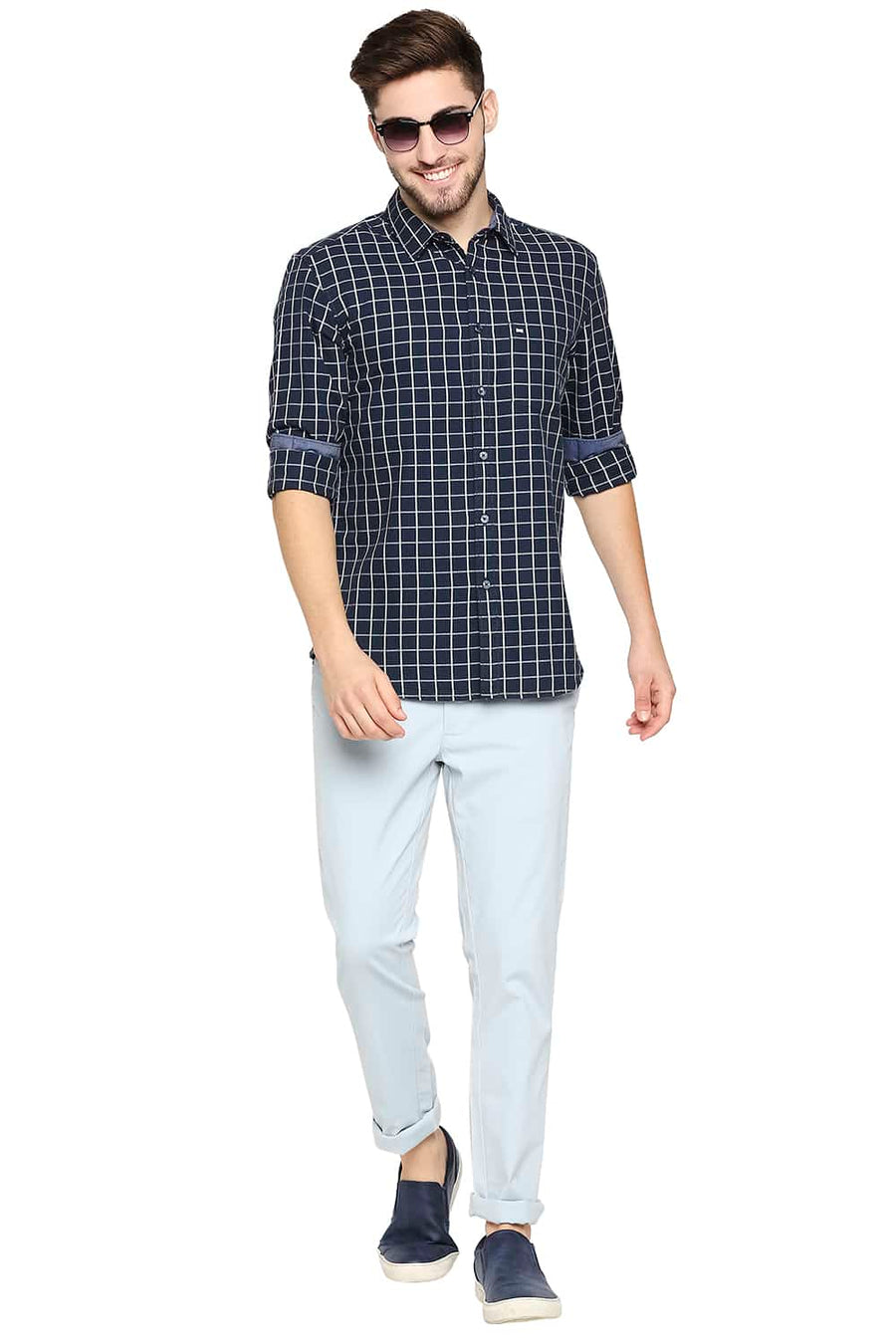BASICS SLIM FIT MIDNIGHT NAVY CHECKS SHIRT