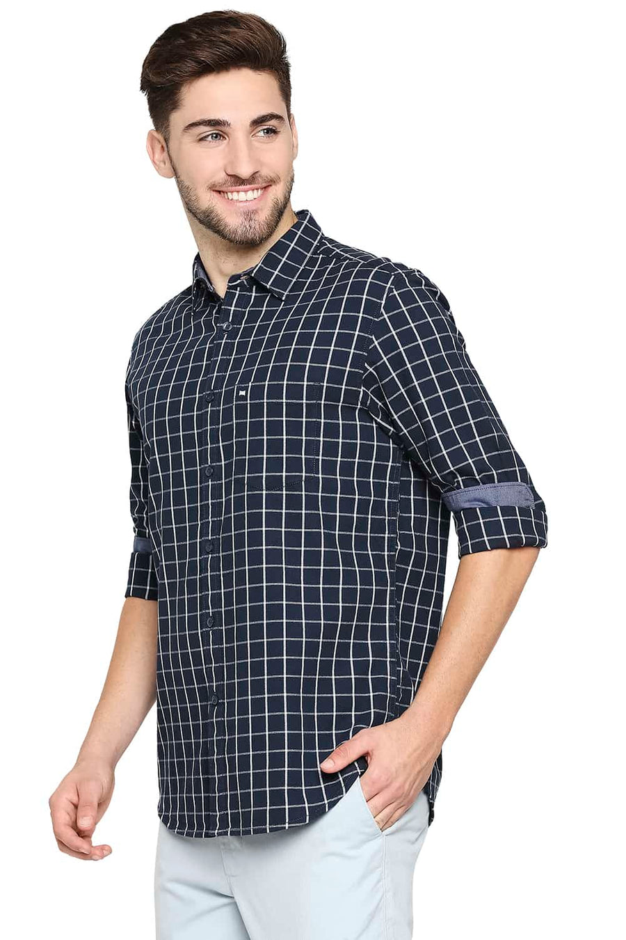 BASICS SLIM FIT MIDNIGHT NAVY CHECKS SHIRT
