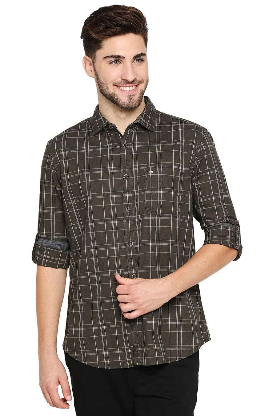 BASICS SLIM FIT TURTLE GREEN CHECKS SHIRT