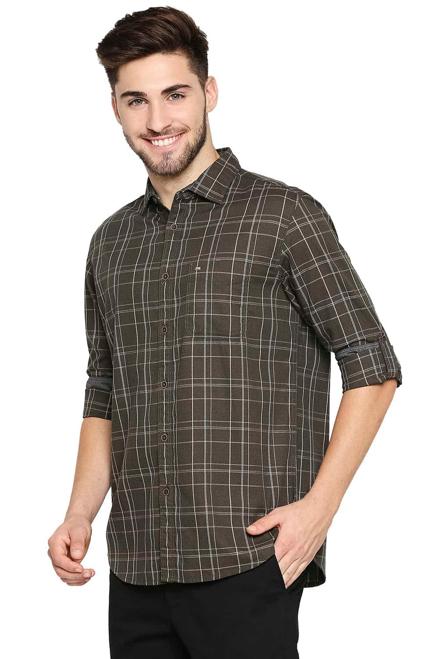 BASICS SLIM FIT TURTLE GREEN CHECKS SHIRT