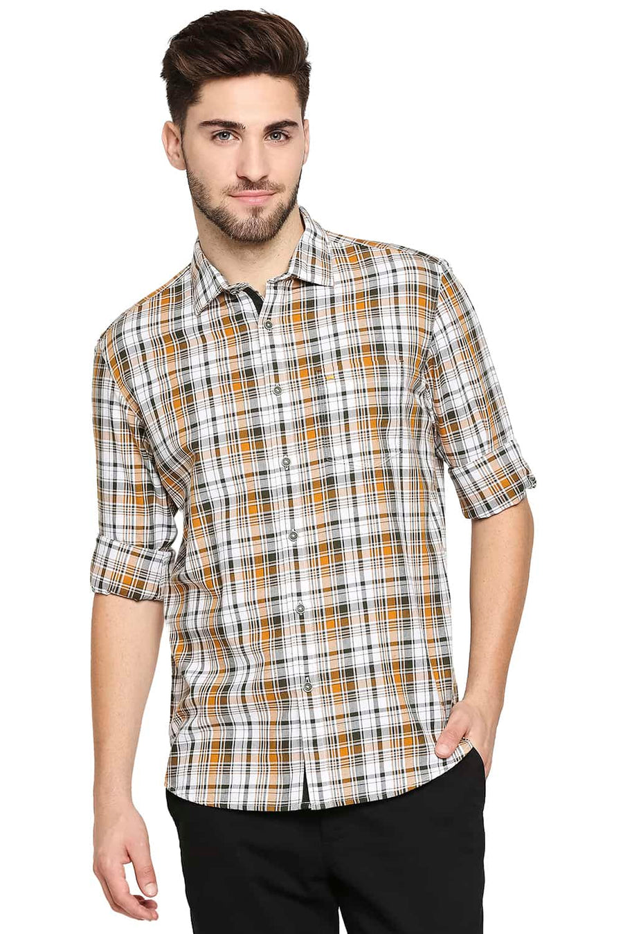 BASICS SLIM FIT BUCKTHRON YELLOW CHECKS SHIRT