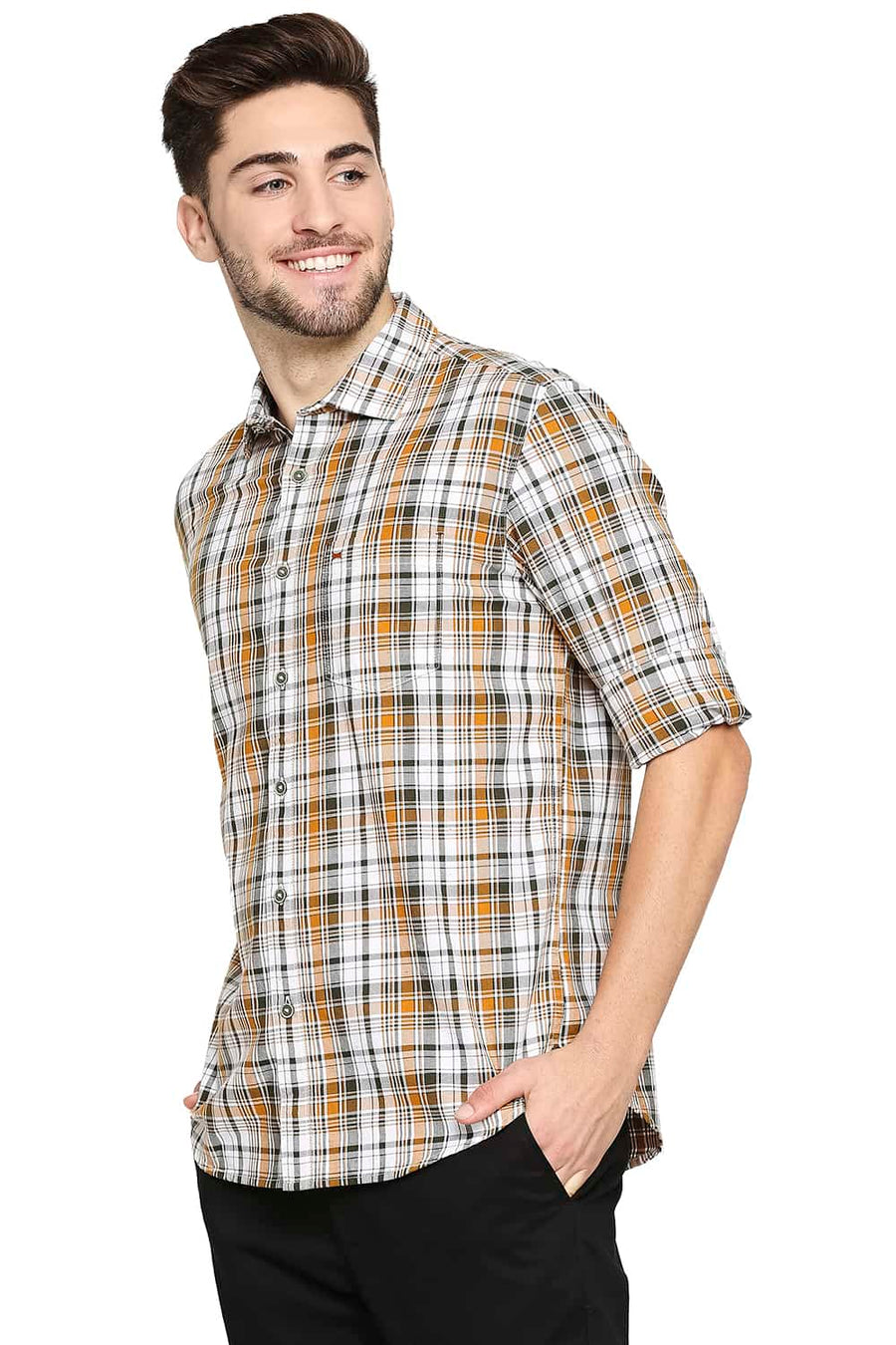 BASICS SLIM FIT BUCKTHRON YELLOW CHECKS SHIRT