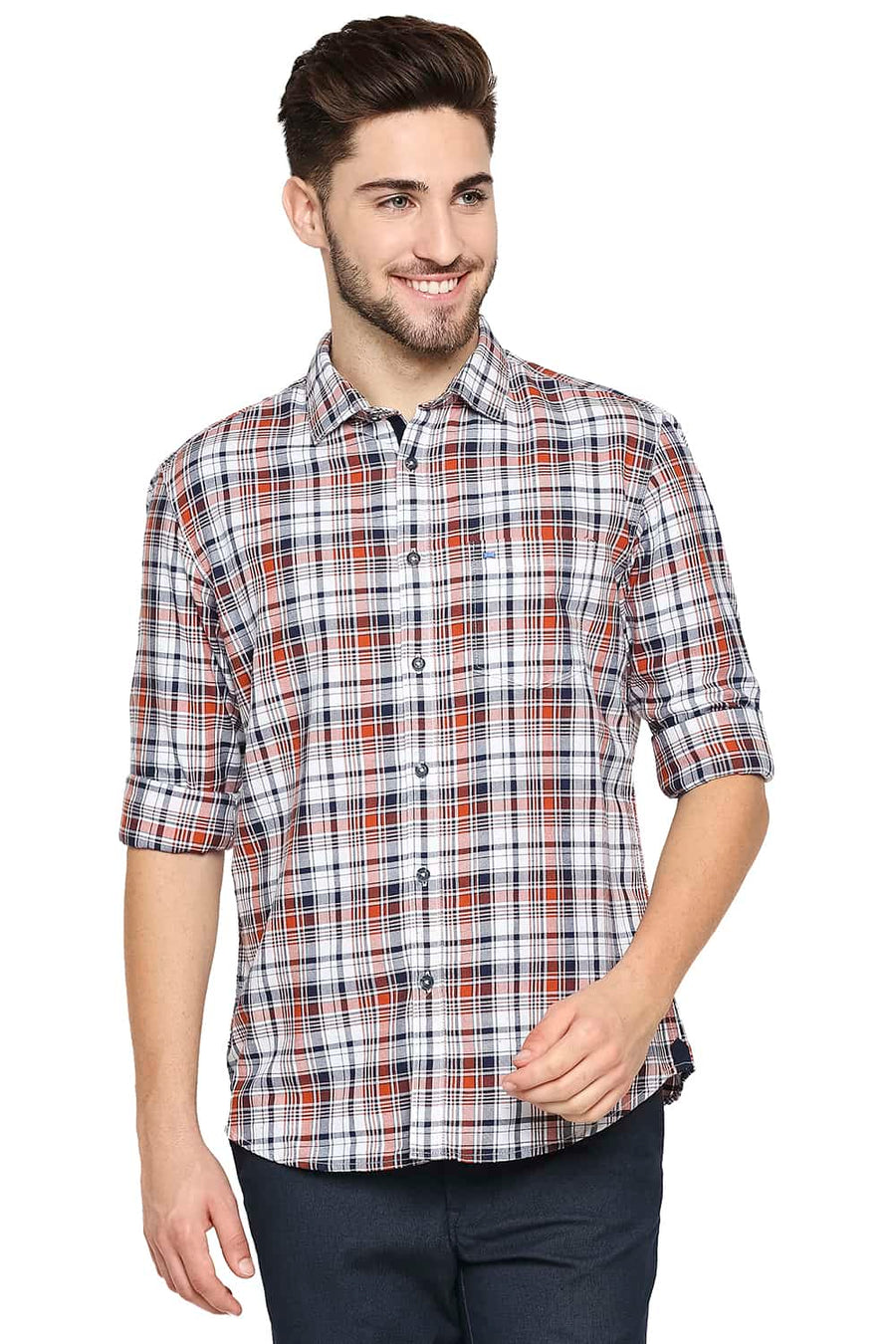 BASICS SLIM FIT SPICE ORANGE CHECKS SHIRT