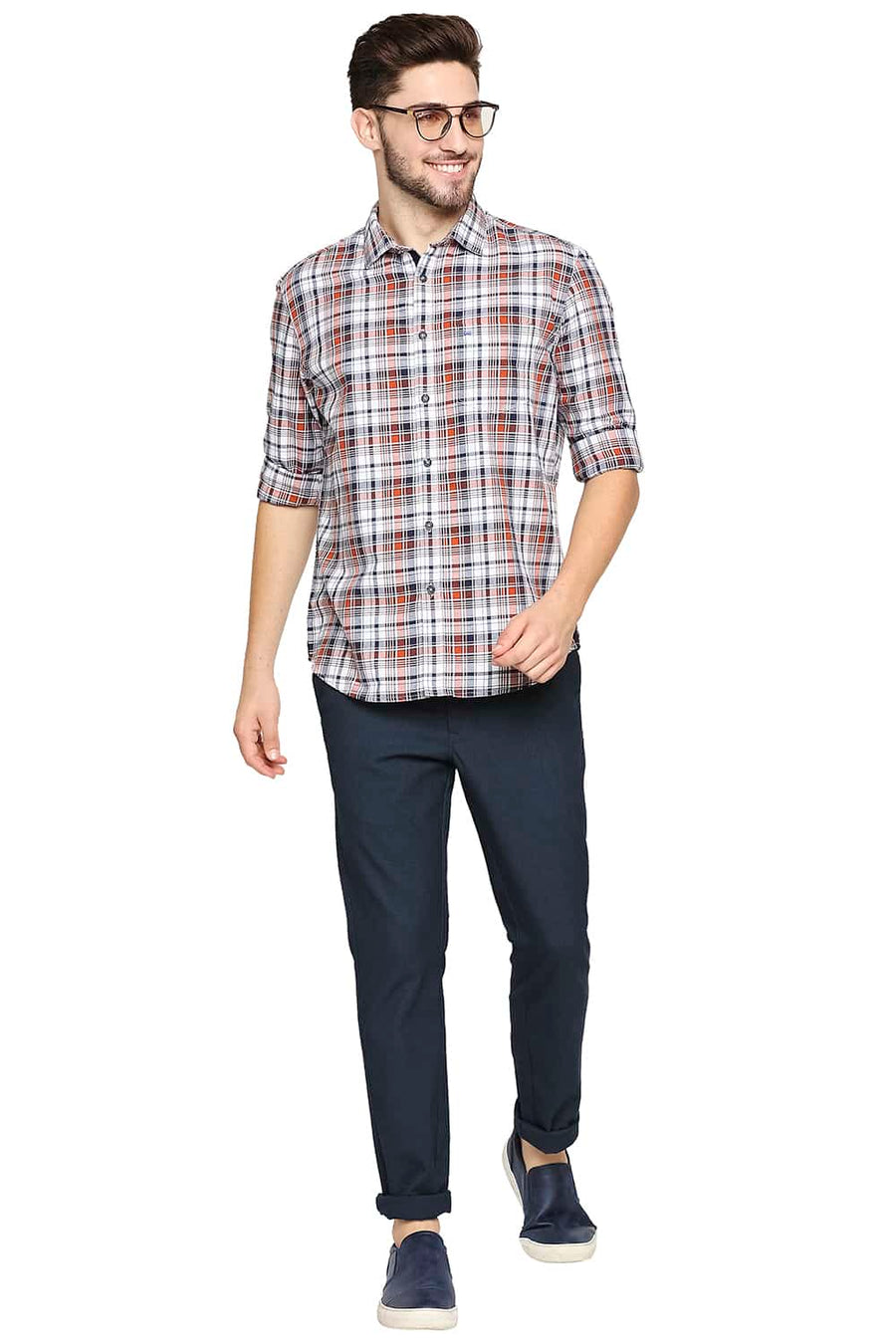 BASICS SLIM FIT SPICE ORANGE CHECKS SHIRT