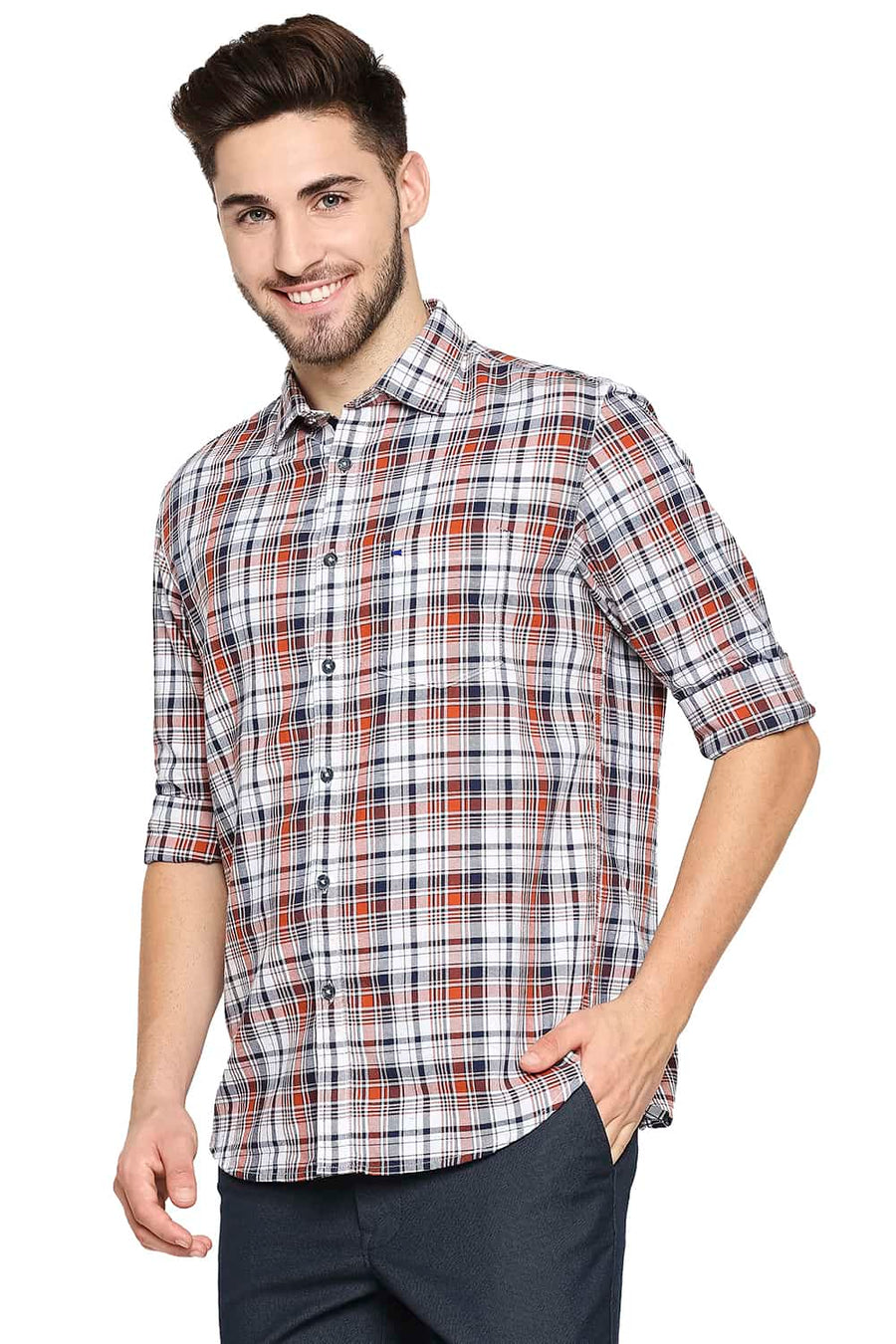 BASICS SLIM FIT SPICE ORANGE CHECKS SHIRT