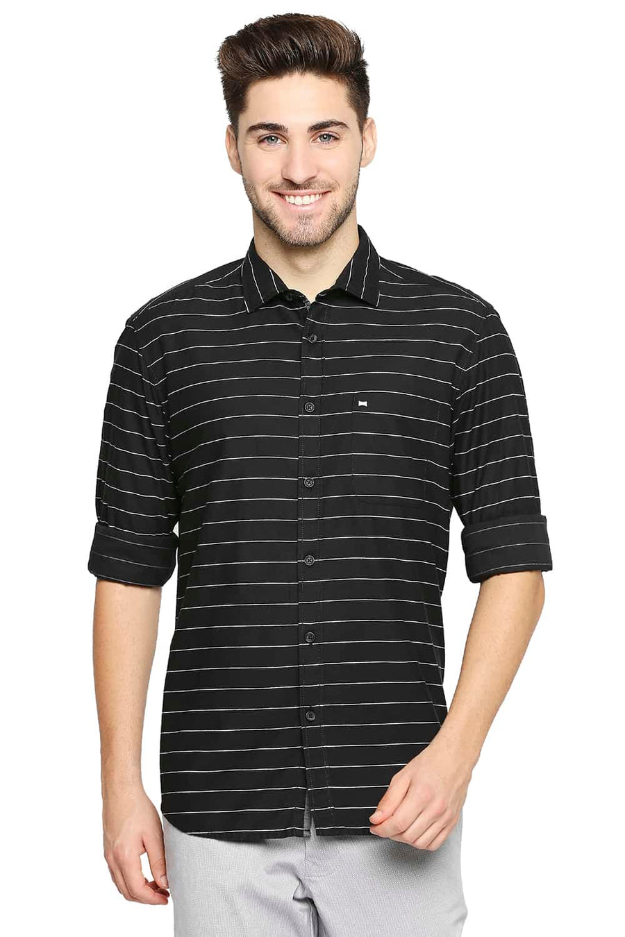 BASICS SLIM FIT MIDNIGHT NAVY WEFT STRIPE SHIRT
