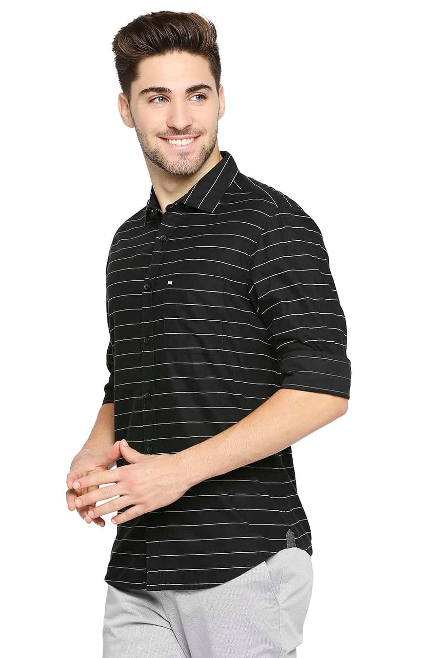 BASICS SLIM FIT MIDNIGHT NAVY WEFT STRIPE SHIRT