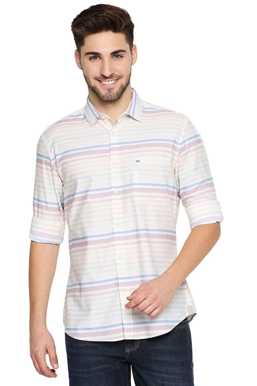 BASICS SLIM FIT DAWN ORANGE WEFT STRIPE SHIRT