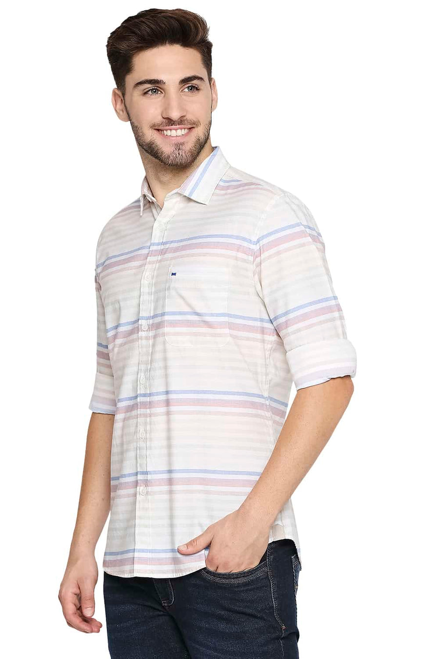 BASICS SLIM FIT DAWN ORANGE WEFT STRIPE SHIRT
