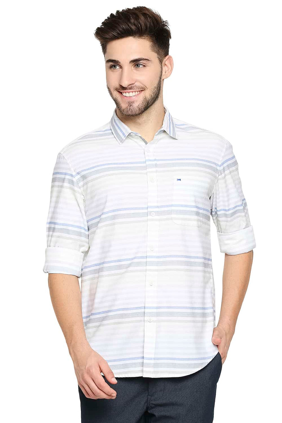 BASICS SLIM FIT GLADE GREEN WEFT STRIPE SHIRT