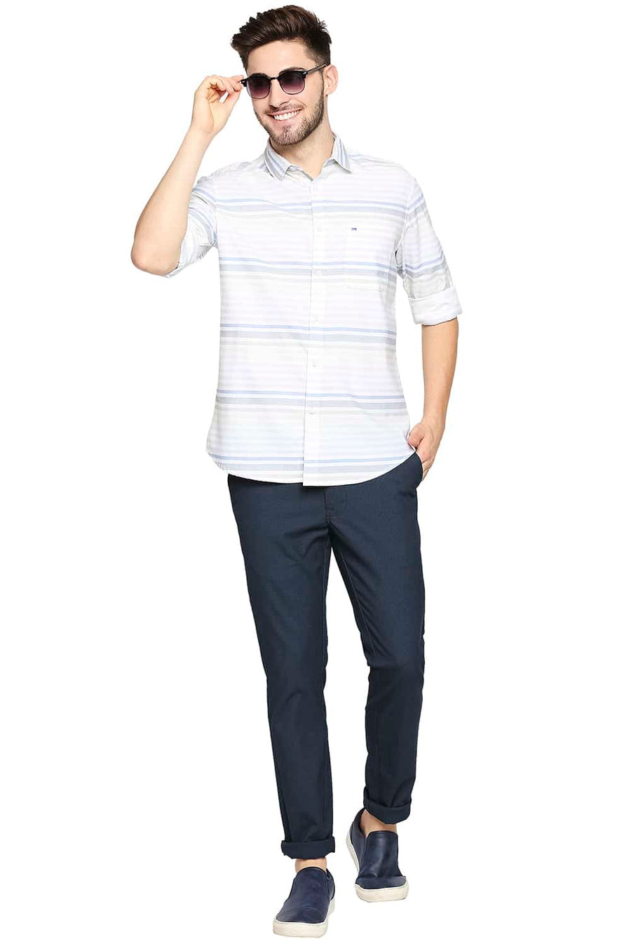 BASICS SLIM FIT GLADE GREEN WEFT STRIPE SHIRT