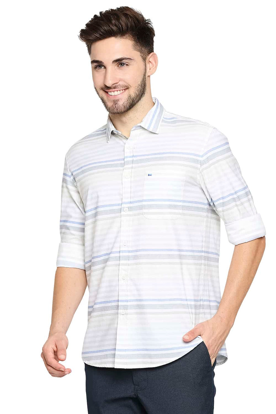 BASICS SLIM FIT GLADE GREEN WEFT STRIPE SHIRT