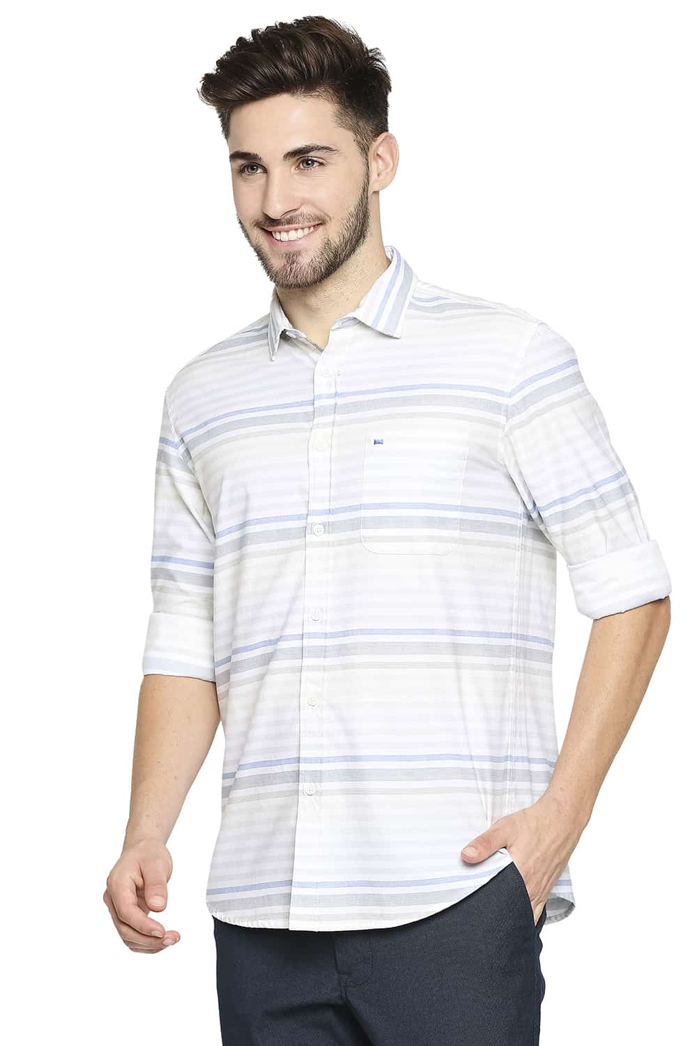 BASICS SLIM FIT WEFT STRIPE SHIRT