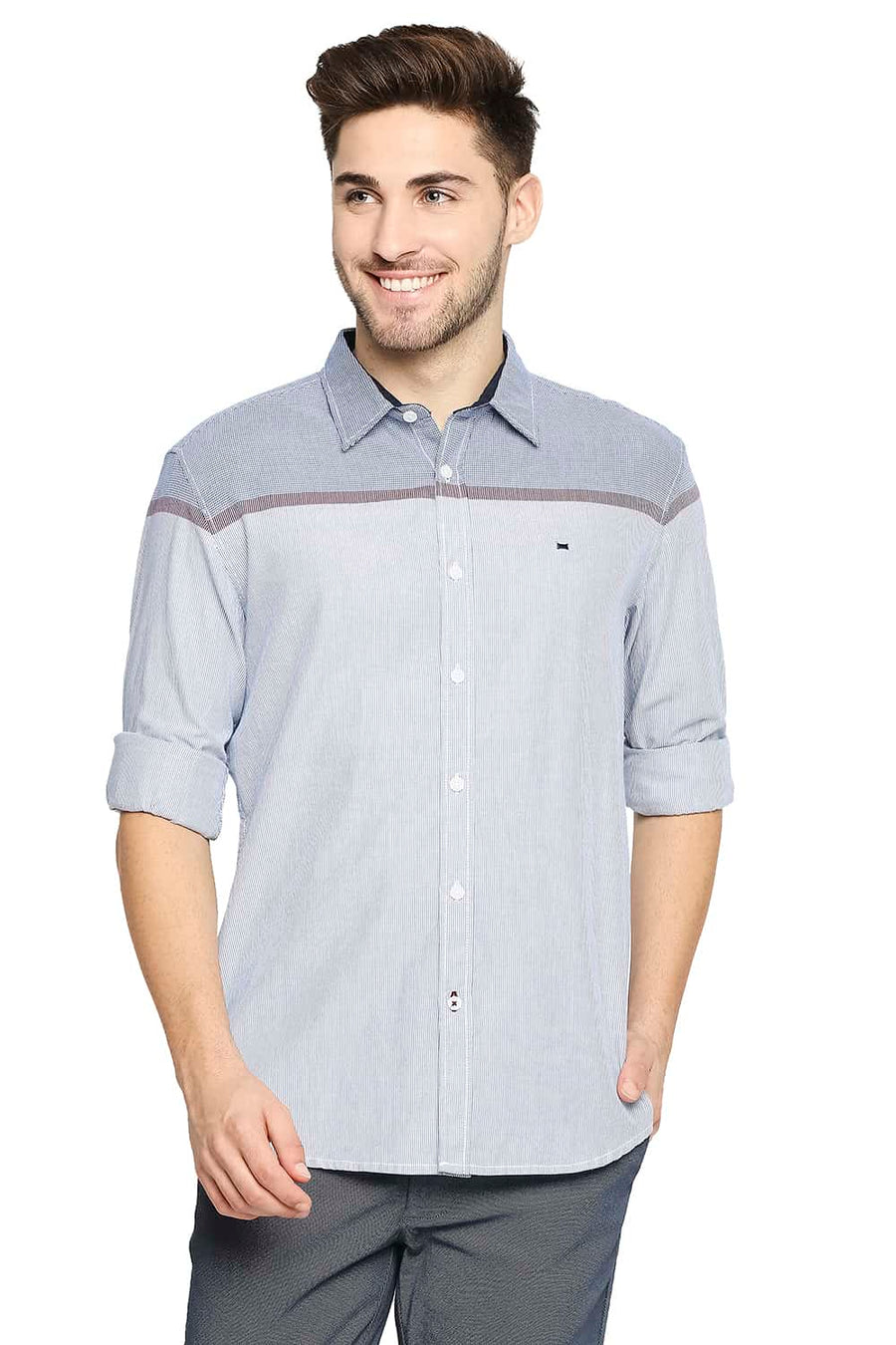 BASICS SLIM FIT DUTCH BLUE ENGINEERED STRIPE SHIRT