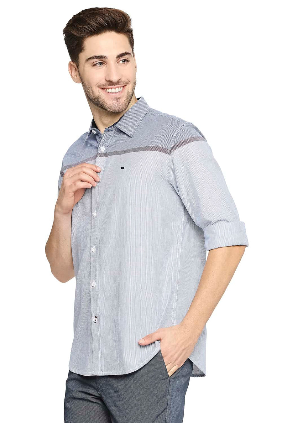 BASICS SLIM FIT DUTCH BLUE ENGINEERED STRIPE SHIRT