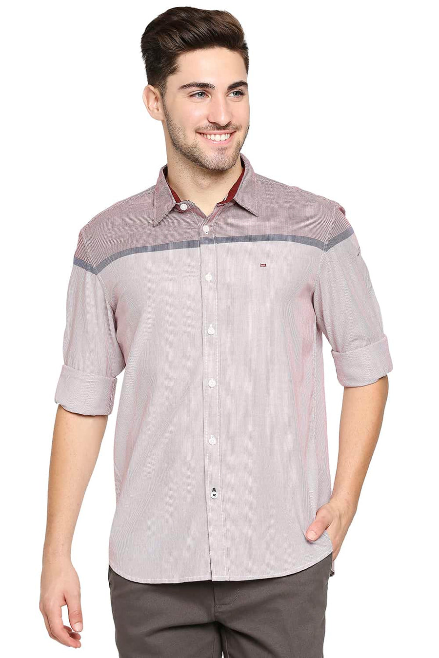 BASICS SLIM FIT SCARLET RED ENGINEERED STRIPE SHIRT