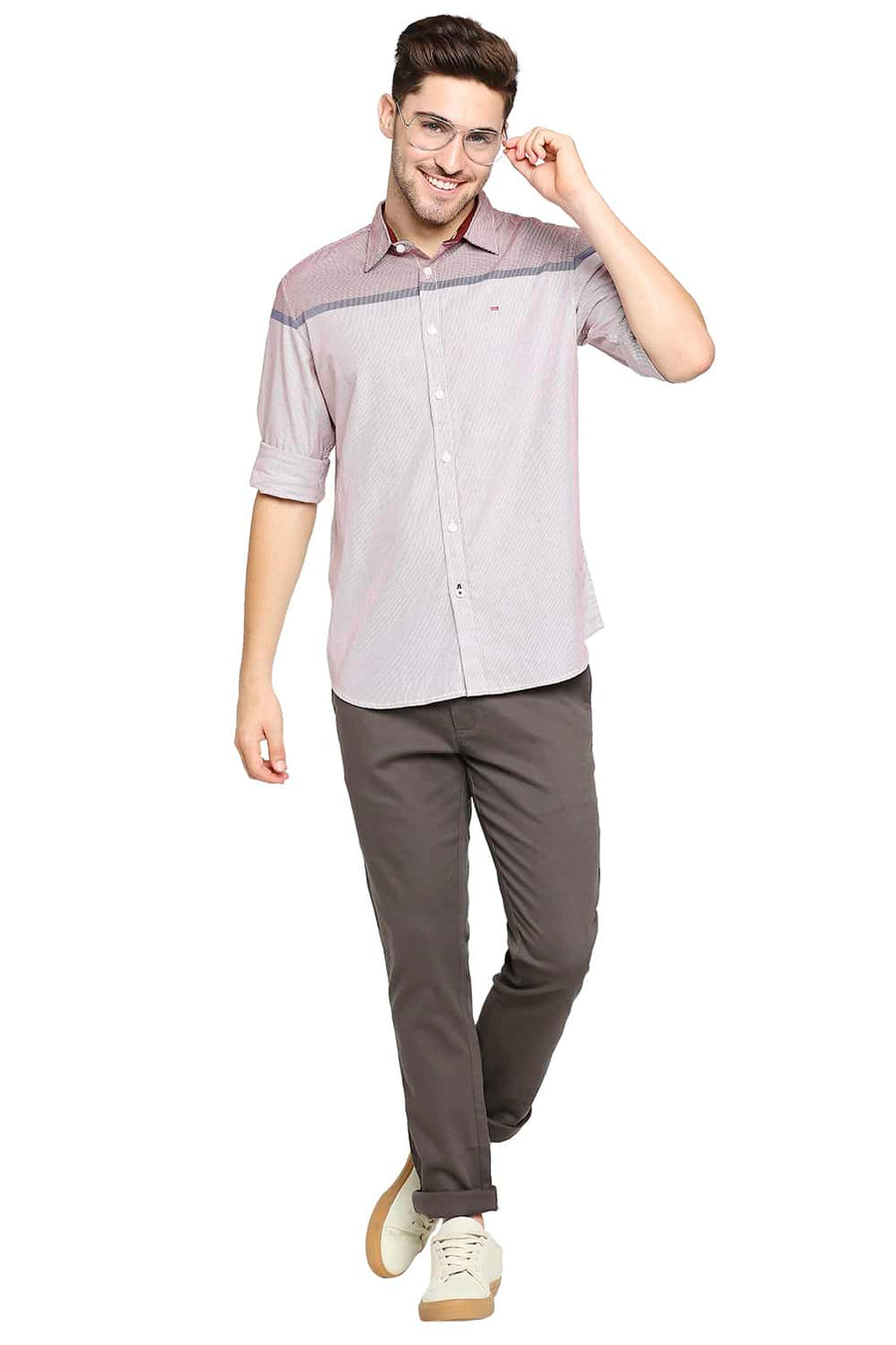BASICS SLIM FIT SCARLET RED ENGINEERED STRIPE SHIRT
